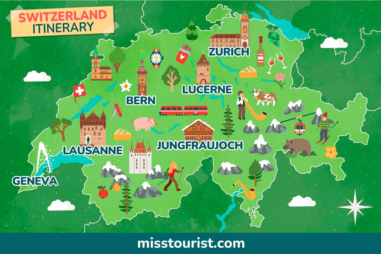 Illustrated map of Switzerland featuring key cities and landmarks, including Zurich, Lucerne, Jungfraujoch, Bern, Geneva, and Lausanne, with icons representing local attractions.