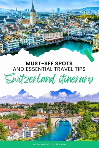 An aerial view of two scenic Swiss cities featuring rivers, historic buildings, and clock towers. The text reads "Must-See Spots and Essential Travel Tips: Switzerland Itinerary.