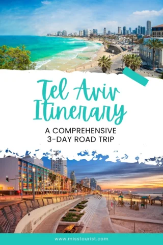 A two-image collage showcasing the Tel Aviv beachfront skyline and a road alongside the beach with vibrant buildings. The text reads "Tel Aviv Itinerary: A Comprehensive 3-Day Road Trip."