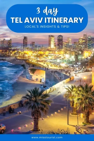 A nighttime view of Tel Aviv's beachfront lit by city lights, featuring palm trees and modern skyscrapers. The text reads "3 Day Tel Aviv Itinerary: Local's Insights & Tips!"