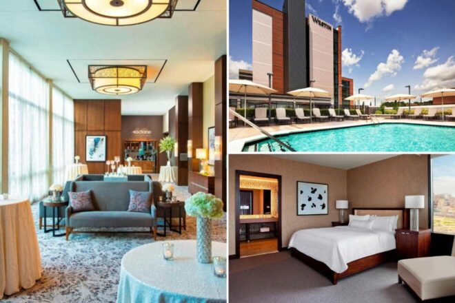 Collage showing a hotel lobby, outdoor pool area with lounge chairs, and a guest room with a large bed and city view.