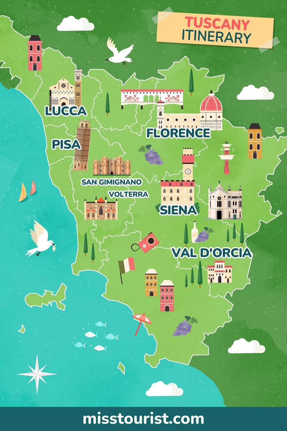 Illustrated map of Tuscany showing major destinations like Lucca, Pisa, Florence, San Gimignano, Siena, and Val d'Orcia, with small icons representing landmarks and activities.