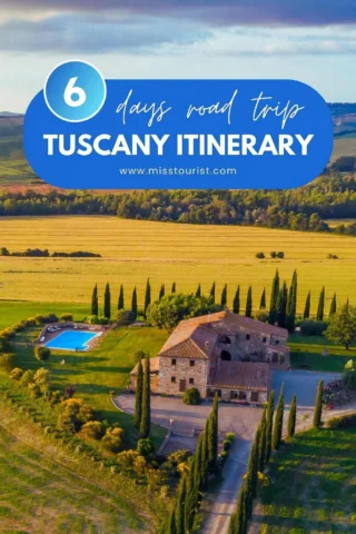 Pinterest image for a 6-day Tuscany road trip itinerary with a text overlay. An aerial view of a villa with a swimming pool surrounded by cypress trees and green fields.