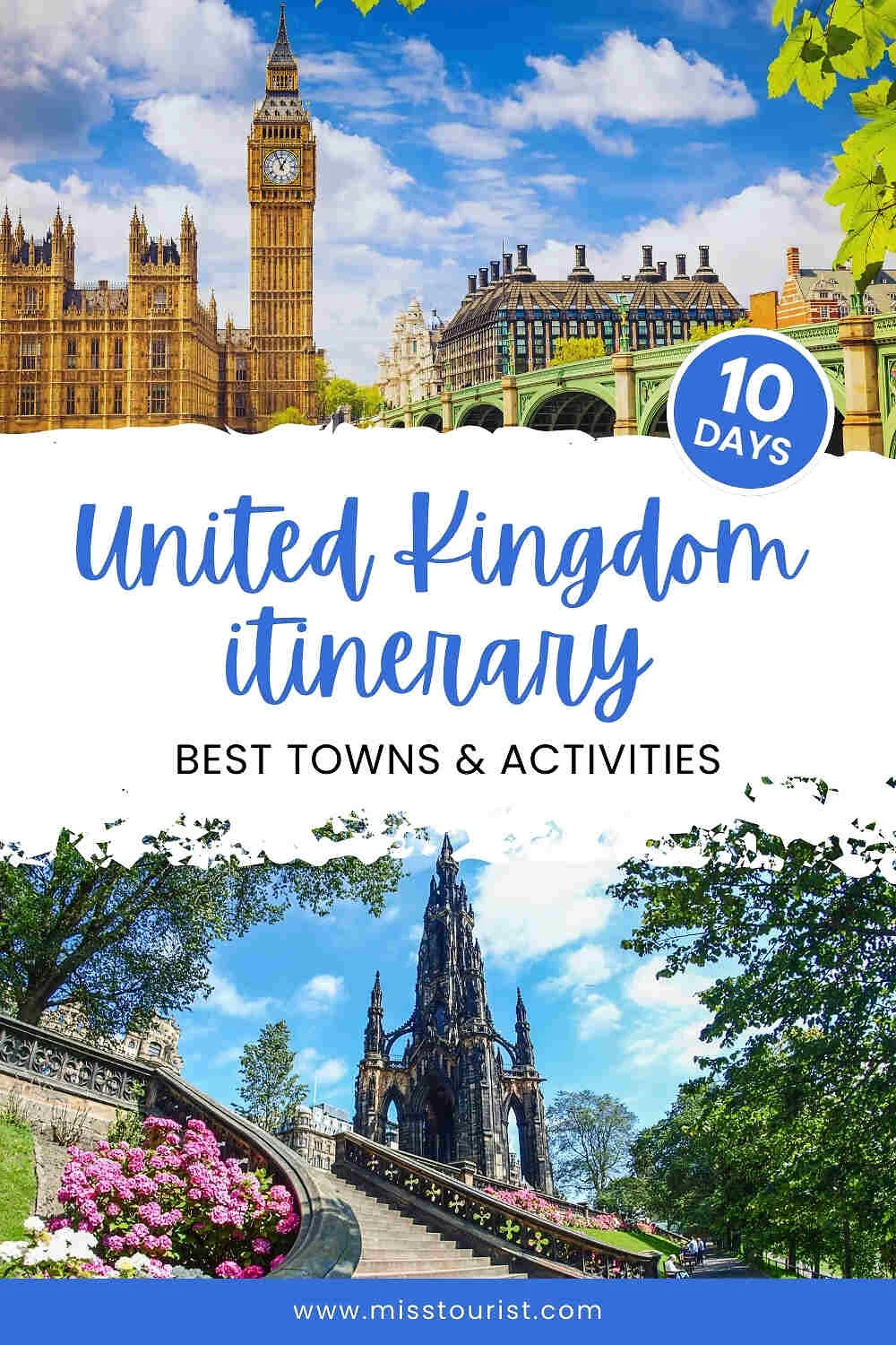 A travel guide cover featuring images of UK landmarks, advertising a 10-day itinerary for visiting the best towns and activities. Text reads: "United Kingdom itinerary - Best Towns & Activities.