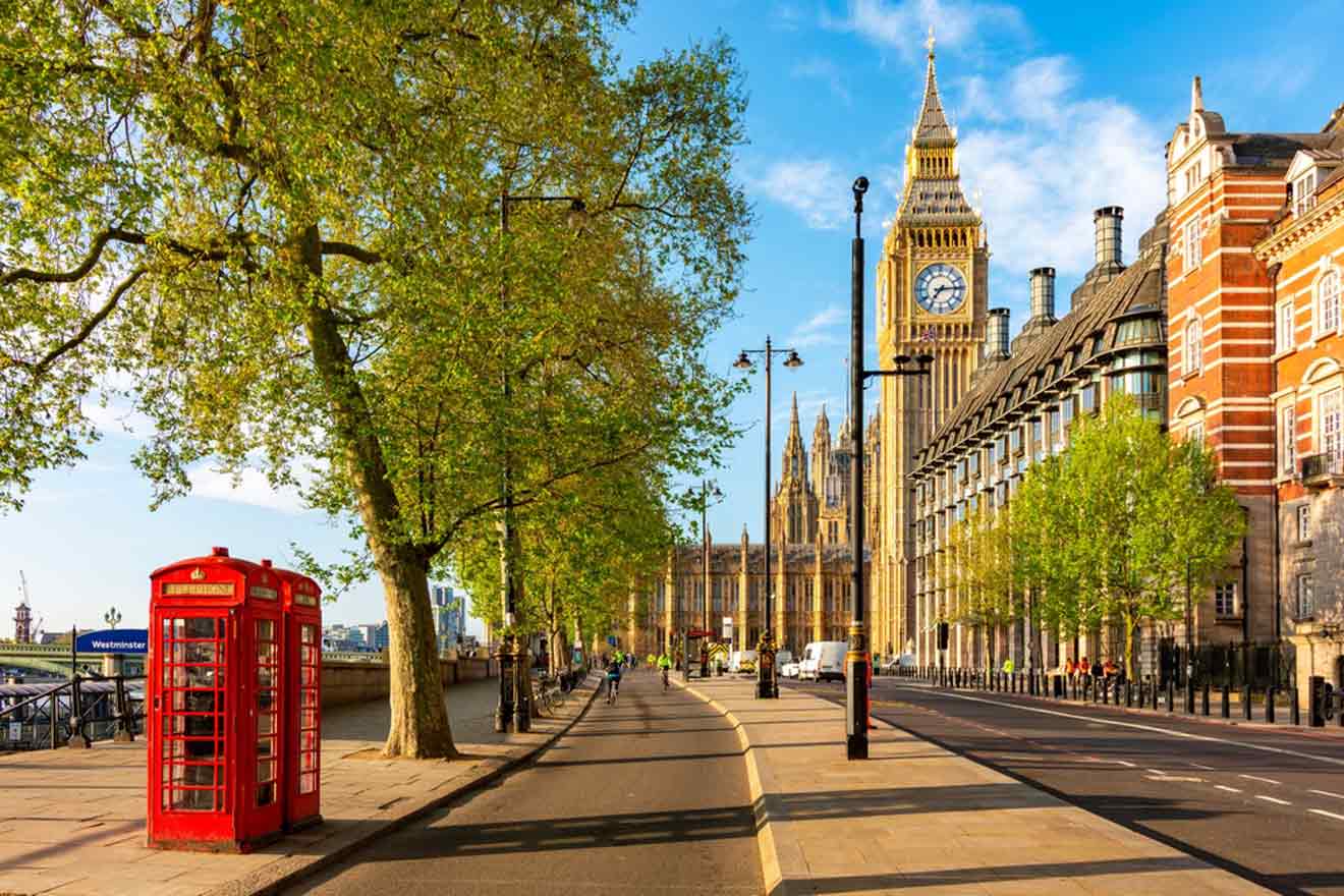 A street view in London featuring the Houses of Parliament and Big Ben along with a red telephone box and trees lining the road.