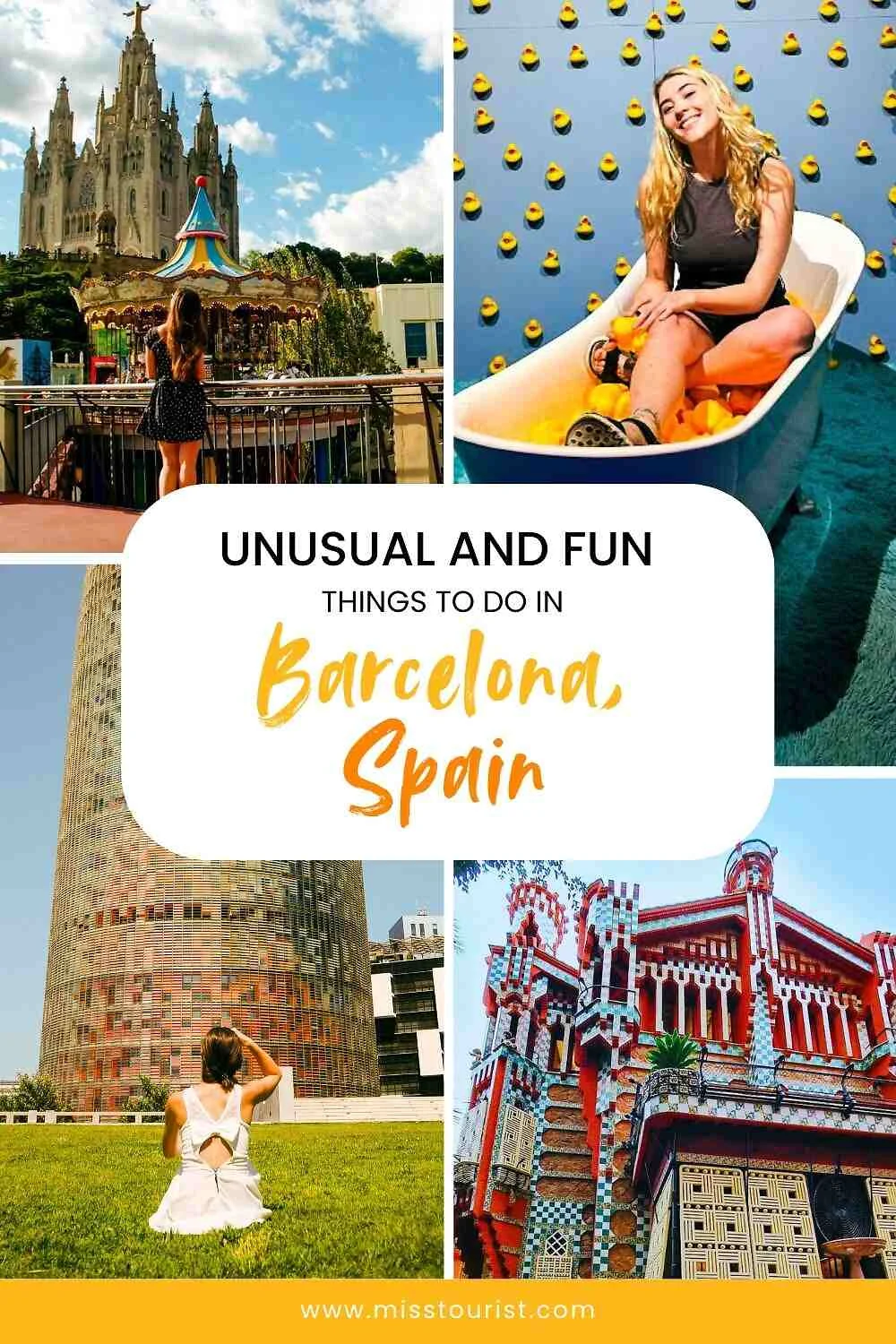 Collage of Barcelona attractions with text: "Unusual and Fun Things to Do in Barcelona, Spain." Features landmarks, unique activities, and colorful architecture.