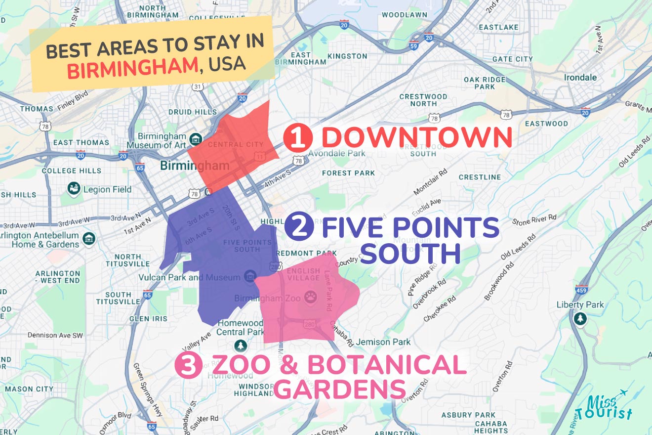 Map highlighting the best areas to stay in Birmingham, USA: Downtown (red), Five Points South (blue), and Zoo & Botanical Gardens (pink), with key landmarks and roads labeled.