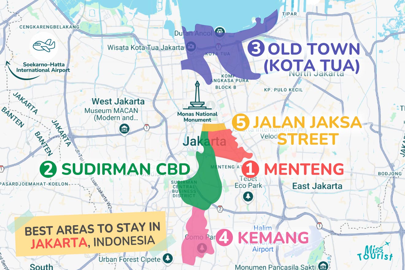 Map showing the best areas to stay in Jakarta, Indonesia: 1) Sudirman CBD, 2) Menteng, 3) Old Town (Kota Tua), 4) Kemang, 5) Jalan Jaksa Street. Major landmarks and transportation hubs are also labeled.