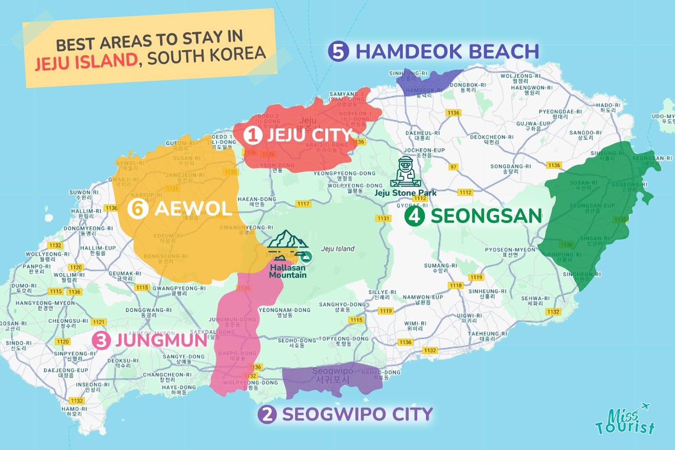 Map of Jeju Island, South Korea highlighting the best areas to stay: Jeju City, Seogwipo City, Jungmun, Seongsan, Hamdeok Beach, and Aewol. Main attractions and roads are also marked.