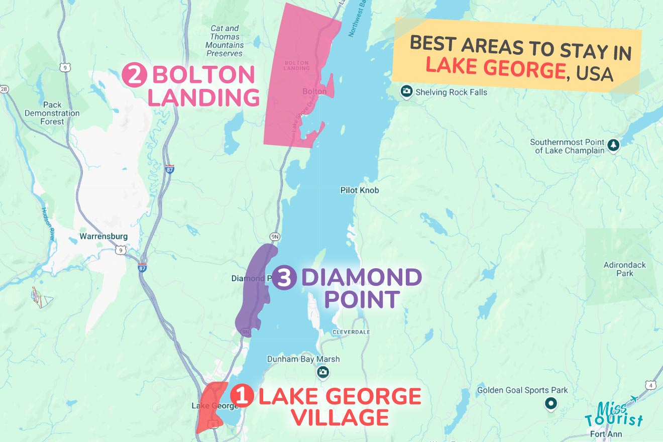 Map highlighting the best areas to stay in Lake George, USA: 1) Lake George Village, 2) Bolton Landing, and 3) Diamond Point. Locations are marked and color-coded for easy identification.