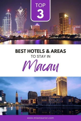 An image featuring the caption "Top 3 Best Hotels & Areas to Stay in Macau" with nighttime cityscapes of Macau showcasing illuminated buildings and waterfront views.