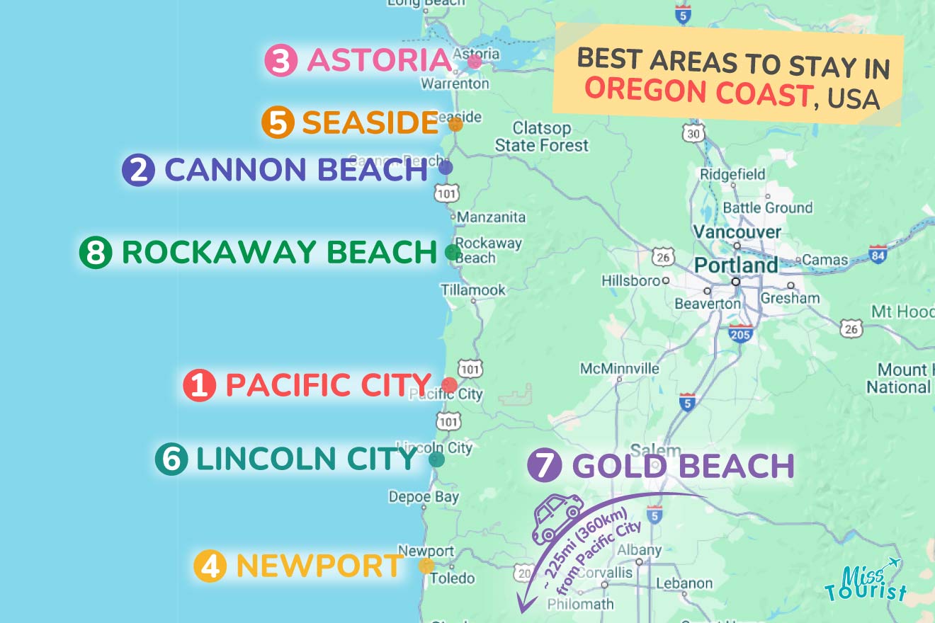 Map of Oregon Coast, USA, highlighting the best areas to stay: Pacific City, Cannon Beach, Astoria, Newport, Seaside, Lincoln City, Gold Beach, and Rockaway Beach.