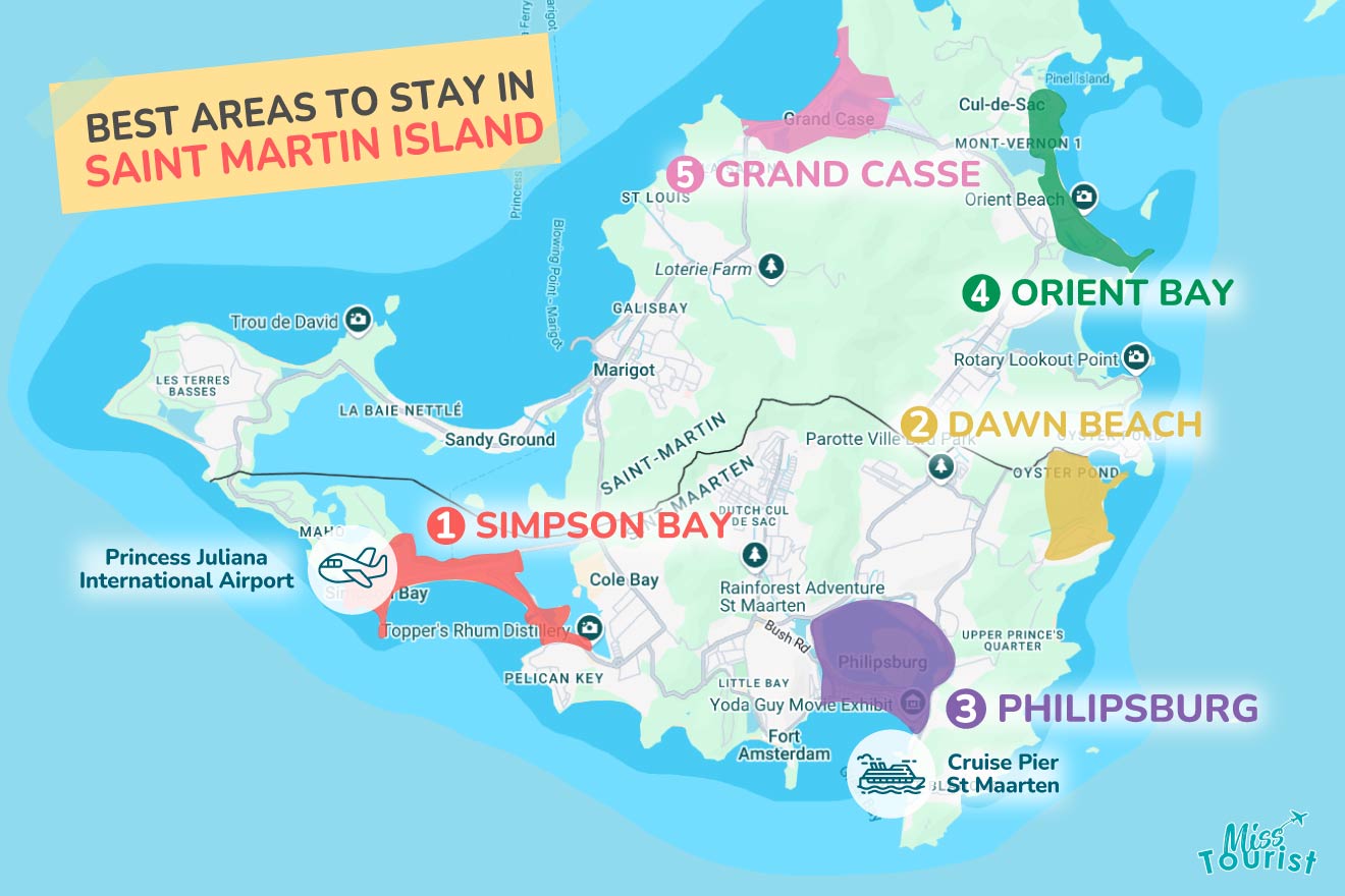 Map of Saint Martin Island highlighting five recommended areas to stay: Simpson Bay, Dawn Beach, Philipsburg, Orient Bay, and Grand Casse. Key locations like Princess Juliana Airport are also marked.