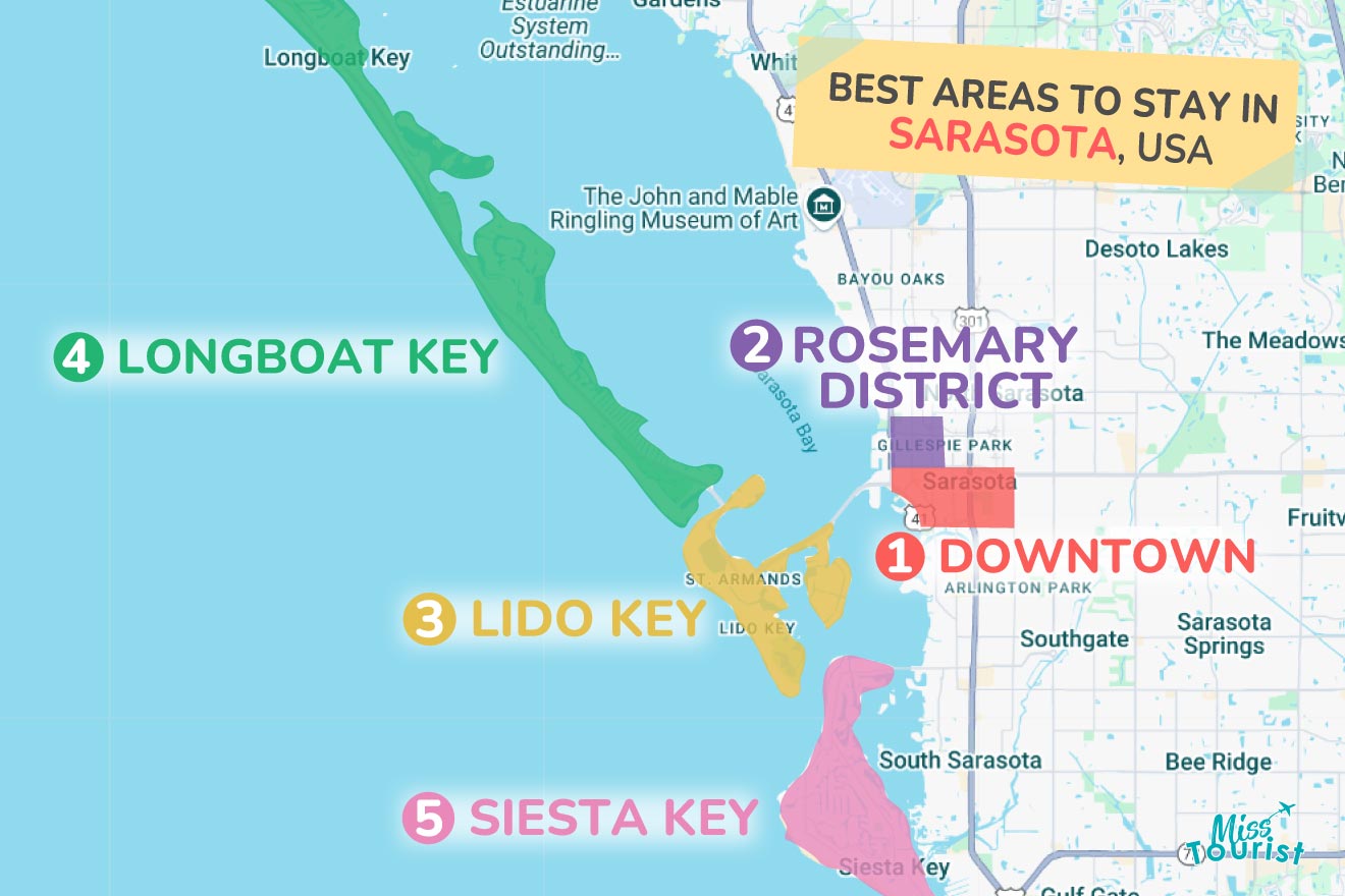 A map highlighting the best areas to stay in Sarasota, USA, including Downtown (1), Rosemary District (2), Lido Key (3), Longboat Key (4), and Siesta Key (5).