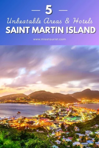 Nighttime view of Saint Martin Island lit up, with text overlay: "5 Unbeatable Areas & Hotels Saint Martin Island" and website URL www.misstourist.com.