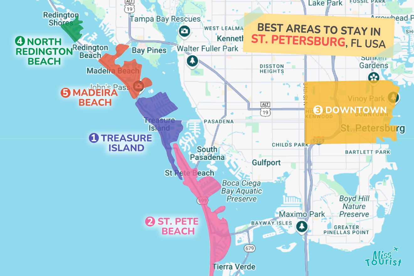 Map of St. Petersburg, FL, highlighting the best areas to stay: 1. Treasure Island, 2. St. Pete Beach, 3. Madeira Beach, 4. North Redington Beach, and 5. Downtown.