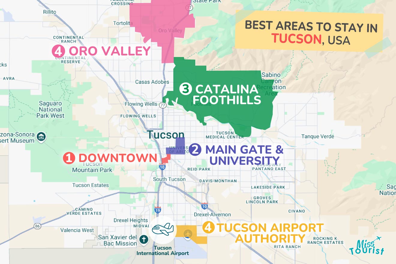 Map showing the best areas to stay in Tucson, USA: Downtown, Main Gate & University, Catalina Foothills, Oro Valley, and Tucson Airport Authority, marked with numbered regions.