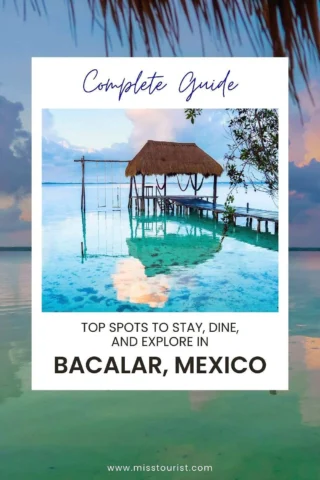 A serene scene of a wooden pier with a thatched-roof hut extending over clear blue water in Bacalar, Mexico. Text reads: "Complete Guide: Top spots to stay, dine, and explore in Bacalar, Mexico.