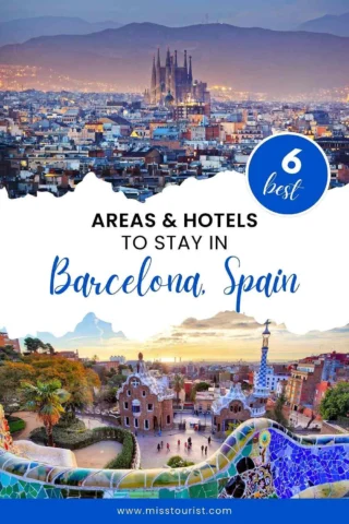 A promotional image for areas and hotels to stay in Barcelona, Spain, featuring cityscapes with notable landmarks and the text "6 best areas & hotels to stay in Barcelona, Spain" at the center.