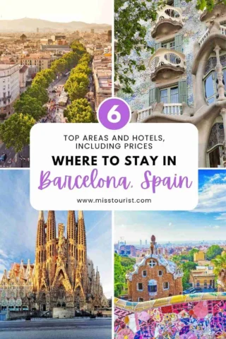 Collage image showing top areas and hotels in Barcelona, Spain with notable landmarks and text overlay: "6 Top Areas and Hotels, Including Prices: Where to Stay in Barcelona, Spain.