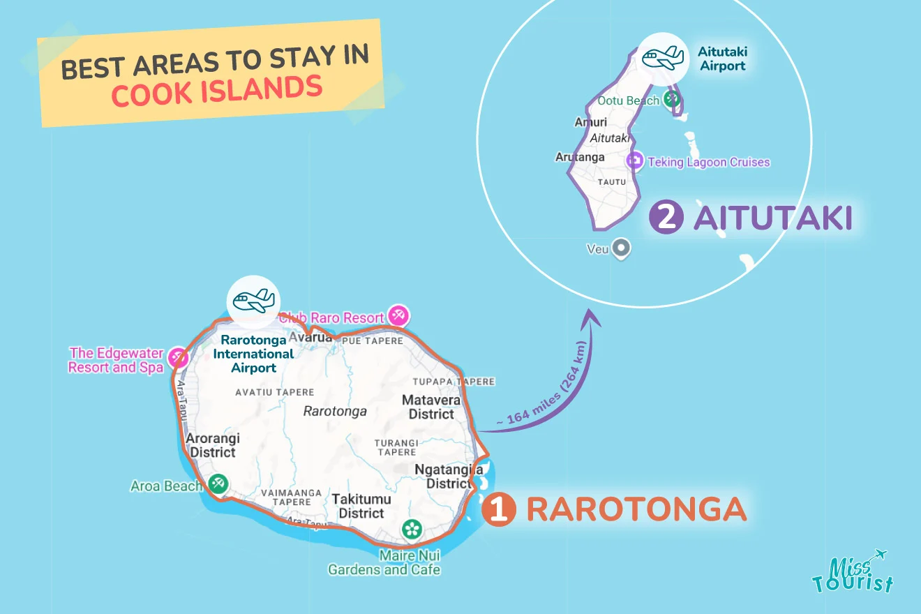 Map showing the best areas to stay in Cook Islands, including Rarotonga and Aitutaki.