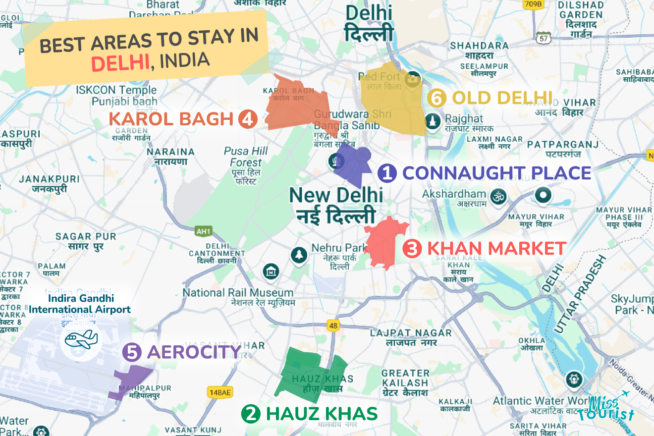 A map of Delhi highlighting the best areas to stay, including Connaught Place, Hauz Khas, Khan Market, and Aerocity, with labeled regions and landmarks.