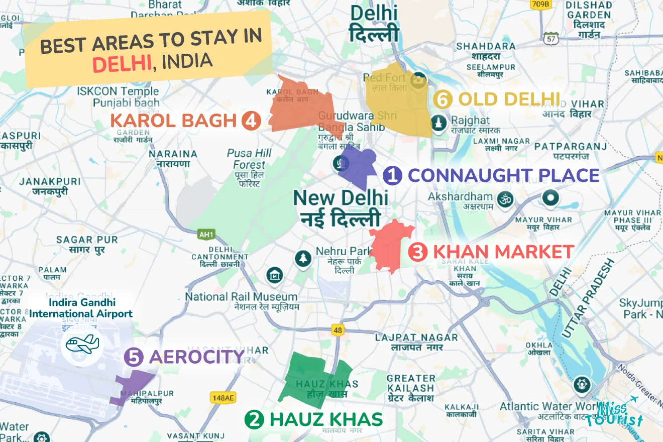 A map of Delhi highlighting the best areas to stay, including Connaught Place, Hauz Khas, Khan Market, and Aerocity, with labeled regions and landmarks.