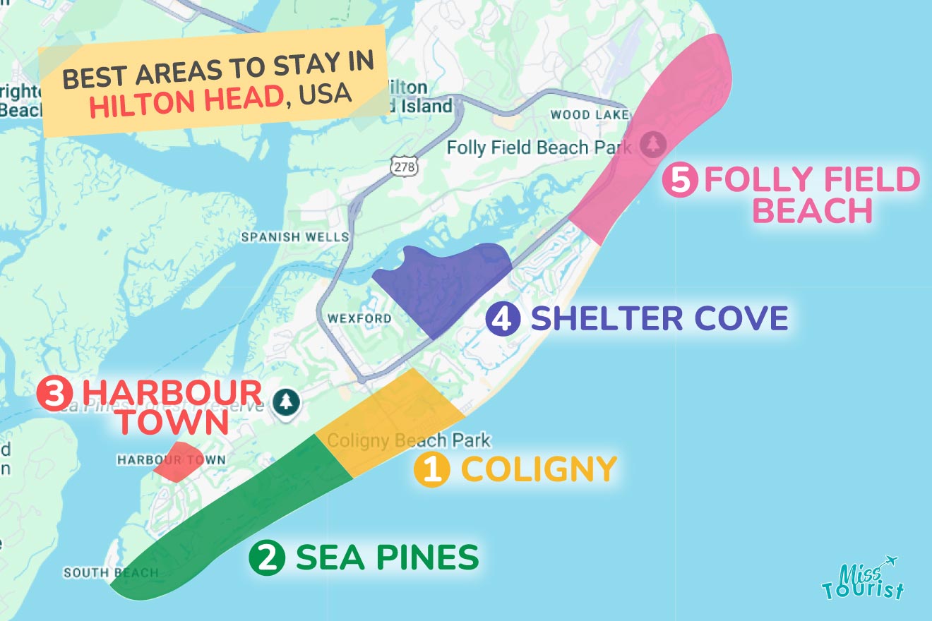 Map highlighting the best areas to stay in Hilton Head, USA, including Coligny, Sea Pines, Harbour Town, Shelter Cove, and Folly Field Beach.