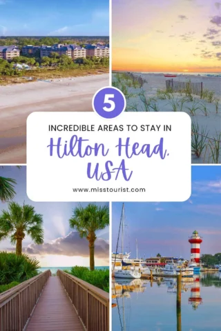 A collage image featuring beachside accommodations, a scenic sunset, a boardwalk lined with palm trees, and a marina with a lighthouse in Hilton Head, USA. Text reads 