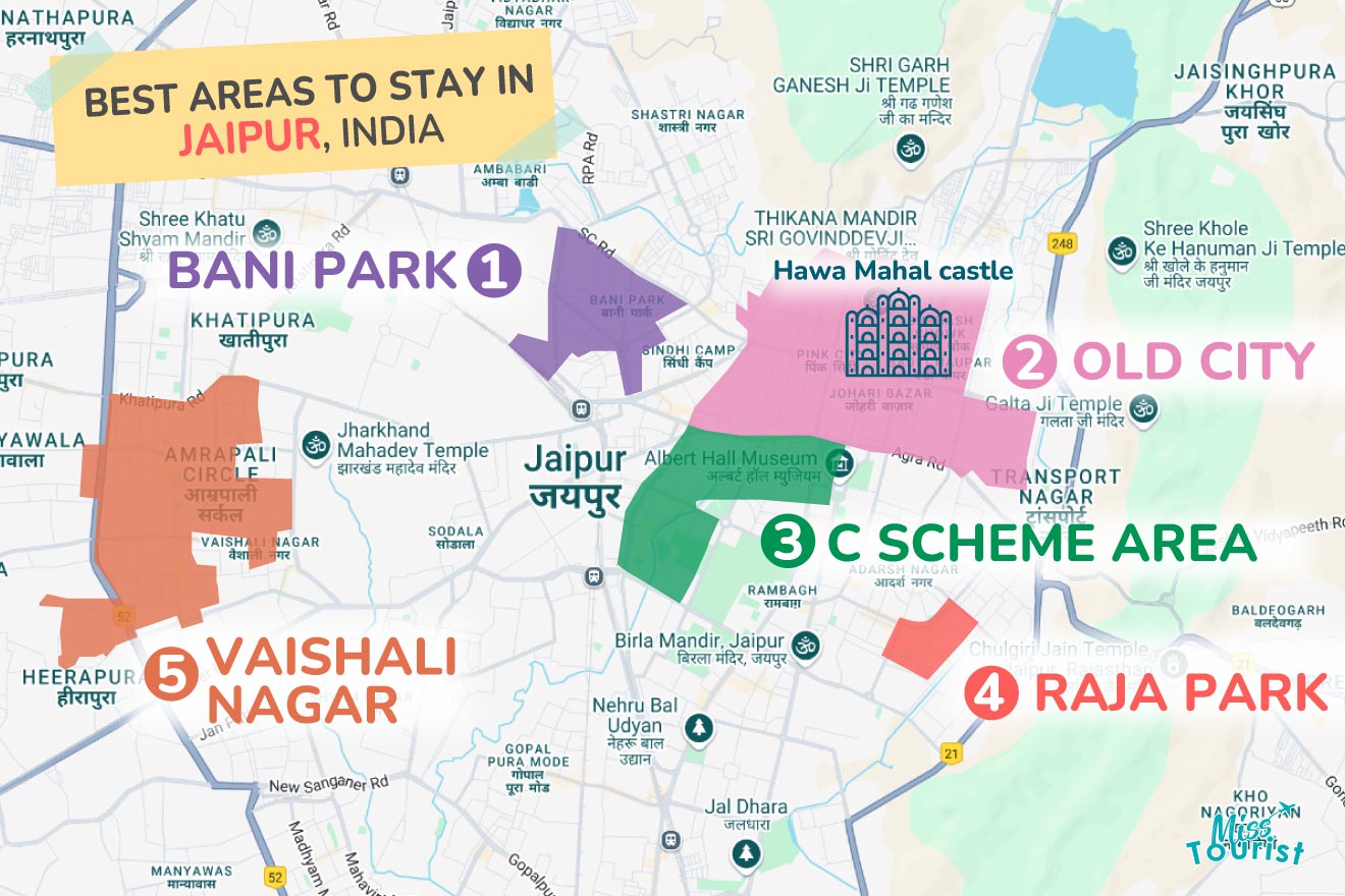 A map of Jaipur, India highlighting the best areas to stay: Bani Park, Old City, C Scheme Area, Raja Park, and Vaishali Nagar. Each area is marked with a colored label and number.