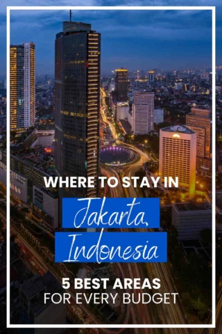 A cityscape of Jakarta, Indonesia at night with lit buildings. Text overlay reads "Where to Stay in Jakarta, Indonesia - 5 Best Areas for Every Budget.