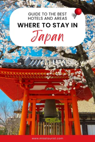 A vibrant shrine with cherry blossom trees and bright red structures is shown. Text at the top reads, "Guide to the Best Hotels and Areas: Where to Stay in Japan.