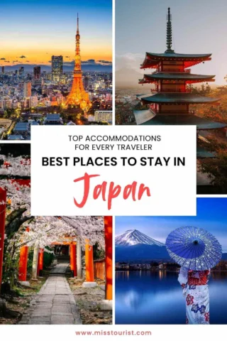 Collage of Japanese landmarks with text: "Top accommodations for every traveler. Best places to stay in Japan." Features Tokyo Tower, a traditional pagoda, torii gates with cherry blossoms, and Mount Fuji.