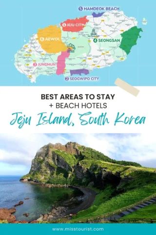 Map of Jeju Island, South Korea highlighting best areas to stay and beach hotels. Below, a scenic coastal view with lush greenery, rocky cliffs, and blue waters.