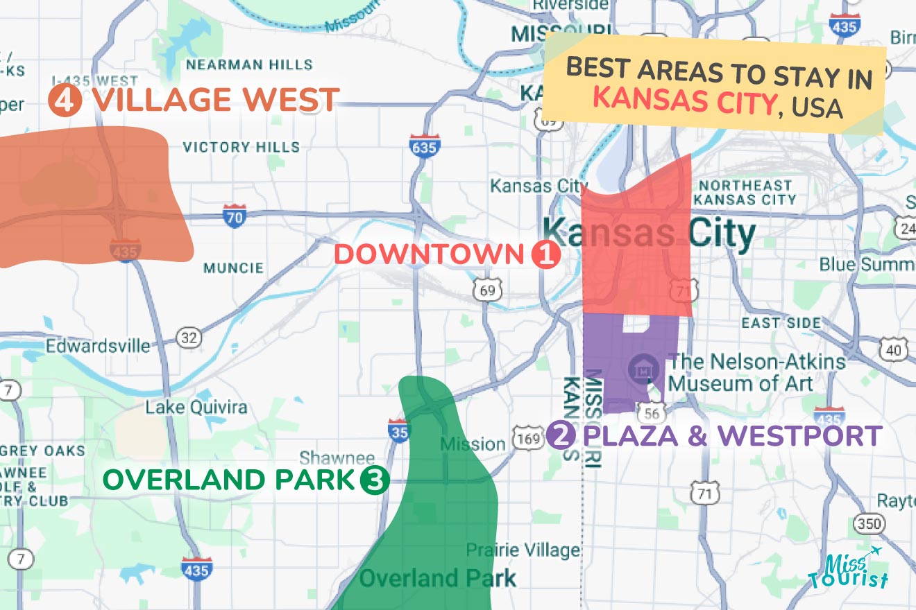 A map of Kansas-City highlighting the best areas to stay, including Connaught Place, Hauz Khas, Khan Market, and Aerocity, with labeled regions and landmarks.