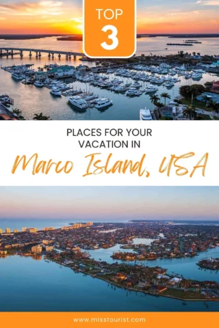 Top part of image shows a sunset over a marina, bottom part shows an aerial view of Marco Island, USA. Text reads "Top 3 Places for Your Vacation in Marco Island, USA.