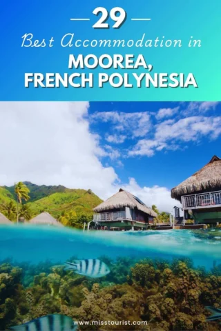 Image of thatched-roof huts over clear blue water in Moorea, French Polynesia, with visible fish and coral underwater, promoting "29 Best Accommodation in Moorea, French Polynesia.