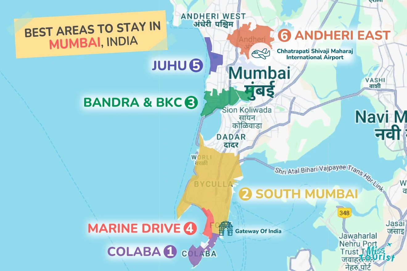 A map of Mumbai, India highlighting the best areas to stay: Andheri East, Juhu, Bandra & BKC, South Mumbai, Marine Drive, and Colaba.