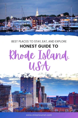 Promotional image for a guide to Rhode Island, USA, showcasing cityscapes and offering recommendations on places to stay, eat, and explore.