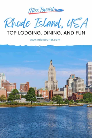 Skyline of a city in Rhode Island, USA, with a waterfront in the foreground; the words "Rhode Island, USA - Top Lodging, Dining, and Fun" are displayed above the image.