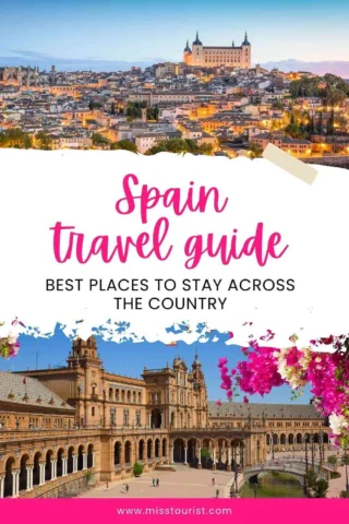 A travel guide cover with photos of Spain, featuring a view of a historic town and a grand plaza. Text reads "Spain travel guide: Best places to stay across the country.