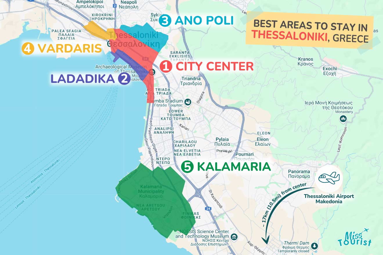 A map of Thessaloniki, Greece highlighting the best areas to stay: City Center (1), Ladadika (2), Ano Poli (3), Vardaris (4), and Kalamaria (5).