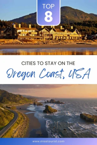 Graphic listing the top eight cities to stay on the Oregon Coast, USA, featuring images of coastal scenery and a large lodge. Website URL is misstourist.com.