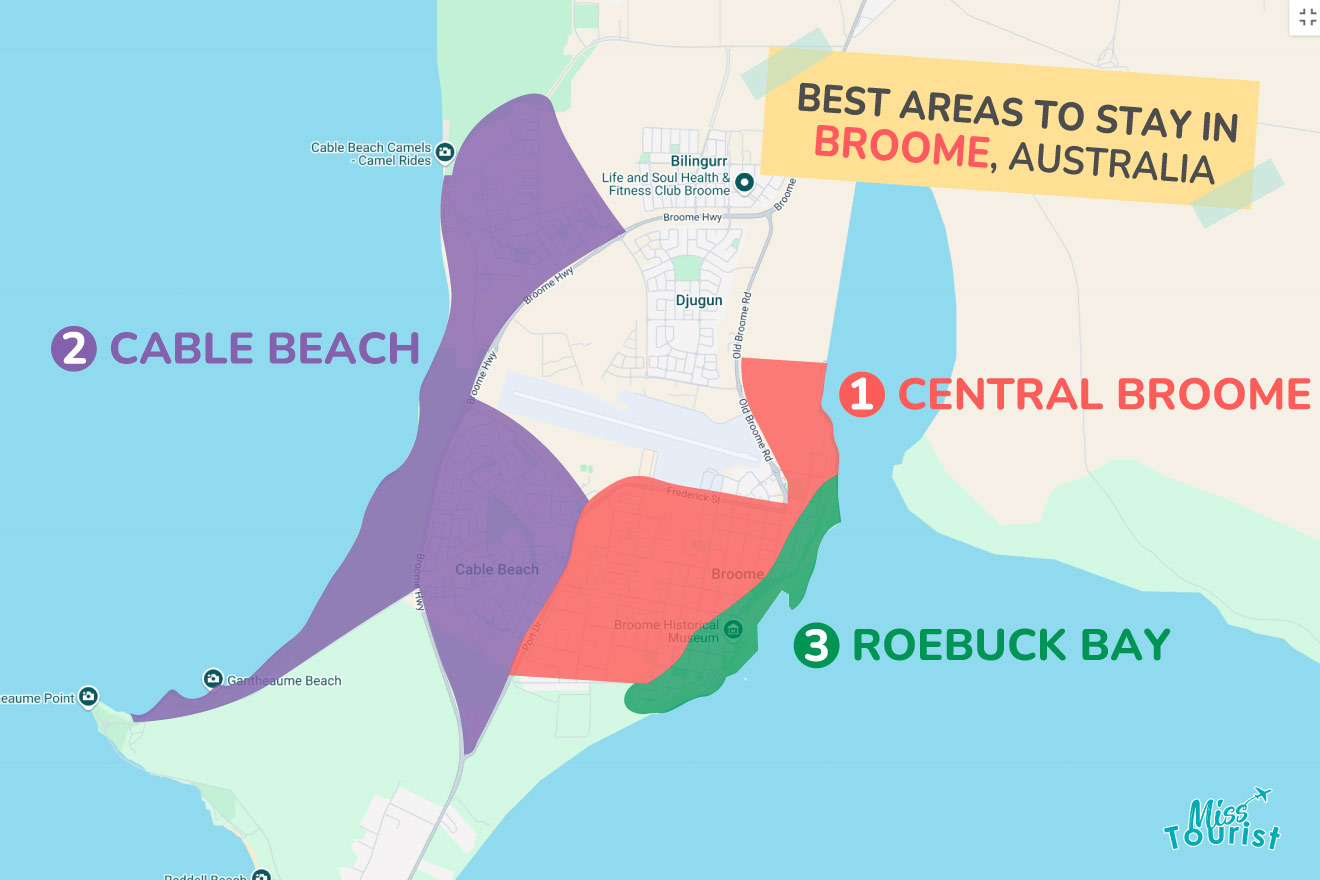 Map showing the best areas to stay in Broome, Australia: 1. Central Broome, 2. Cable Beach, and 3. Roebuck Bay, highlighted in red, purple, and green respectively.