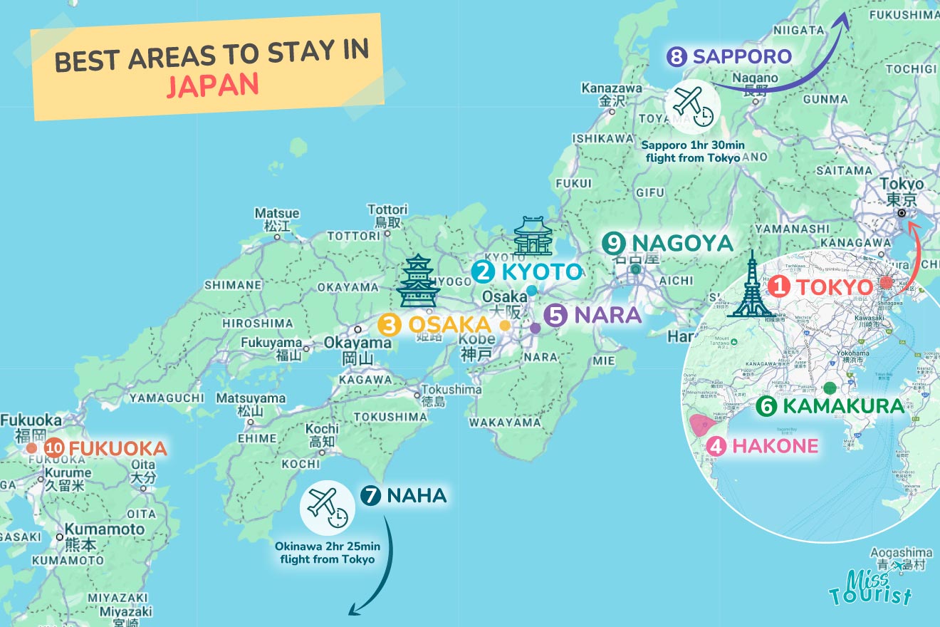 Map of Japan highlighting ten best areas to stay: Tokyo, Kyoto, Osaka, Nara, Hakone, Kamakura, Nagoya, Sapporo, Fukuoka, and Naha, with travel times from Tokyo indicated.