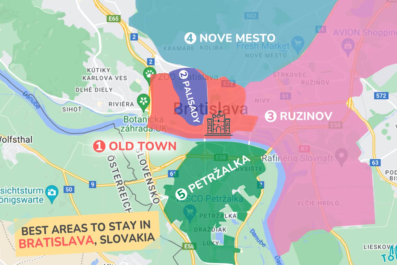 A colorful map highlighting the best areas to stay in Bratislava with numbered locations and labels for easy navigation