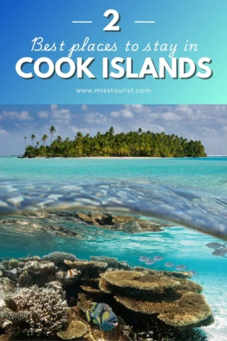 Stunning coral reef underwater and a tropical island in the Cook Islands with turquoise waters.