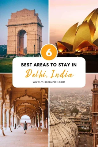 A promotional graphic featuring iconic landmarks of Delhi, including India Gate, Lotus Temple, Red Fort, and Jama Masjid, with the text "6 Best Areas to Stay in Delhi, India" displayed in the center