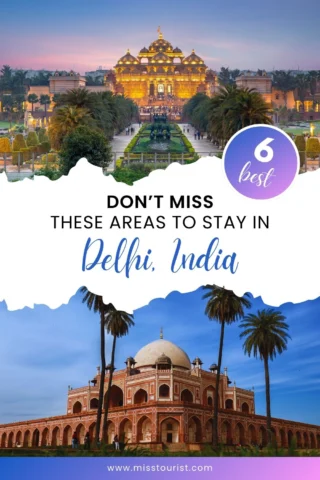 A promotional graphic showing Akshardham Temple and Humayun's Tomb in Delhi, India, with the text "Don’t miss these areas to stay in Delhi, India" and a badge reading "6 best."