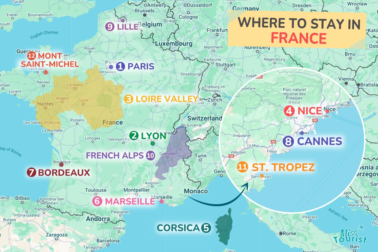 A map of France highlighting popular travel destinations including Paris, Nice, Cannes, Lyon, Marseille, Bordeaux, Loire Valley, French Alps, Corsica, Lille, and St. Tropez.